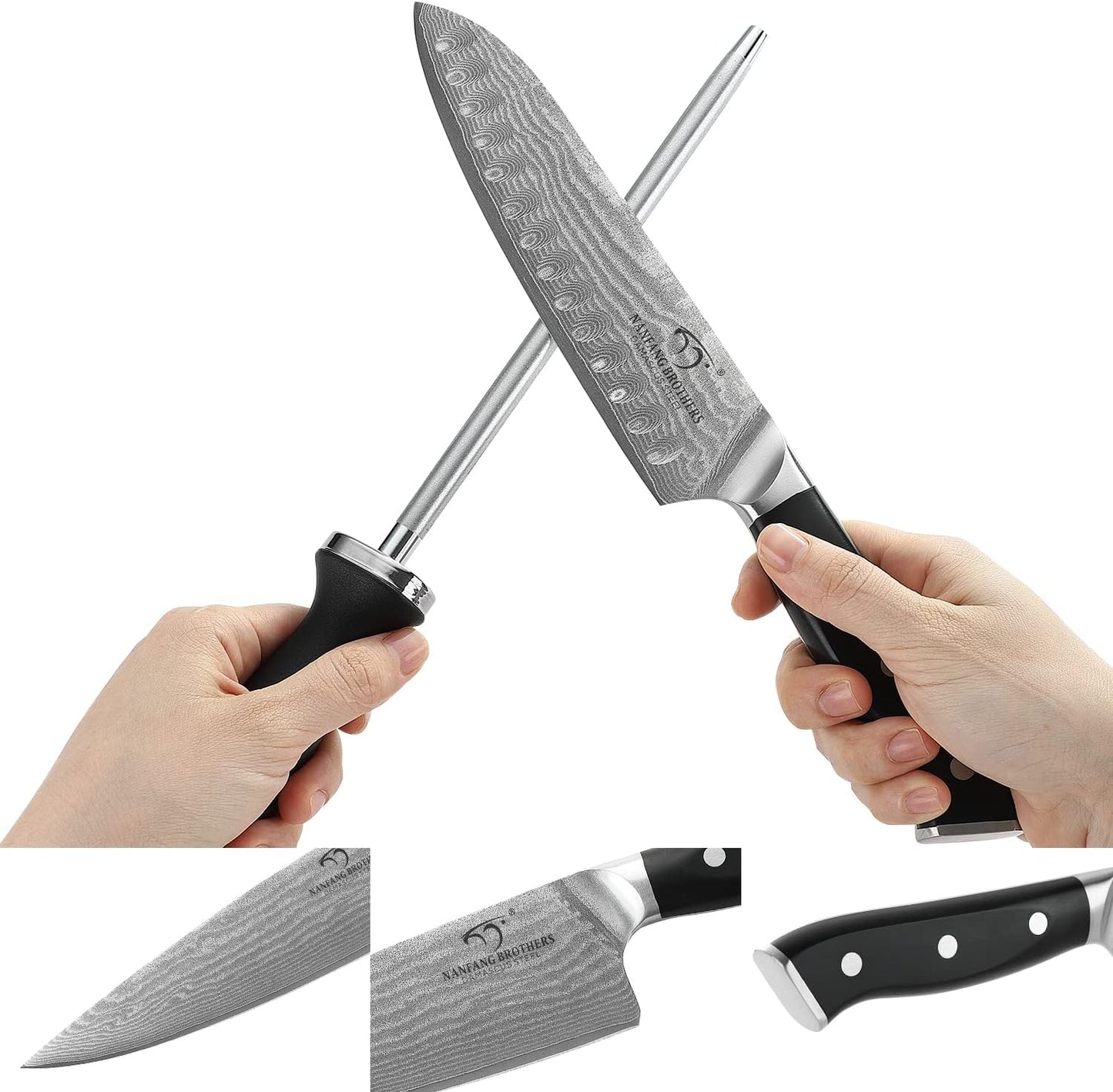 NANFANG BROTHERS Knife Sets for Kitchen with Block, Damasucs Kitchen Knife Sets 9 Pieces with Ergonomic Triple Rivet Handle, Kitchen Knives for Chopping, Slicing, Dicing & Cutting