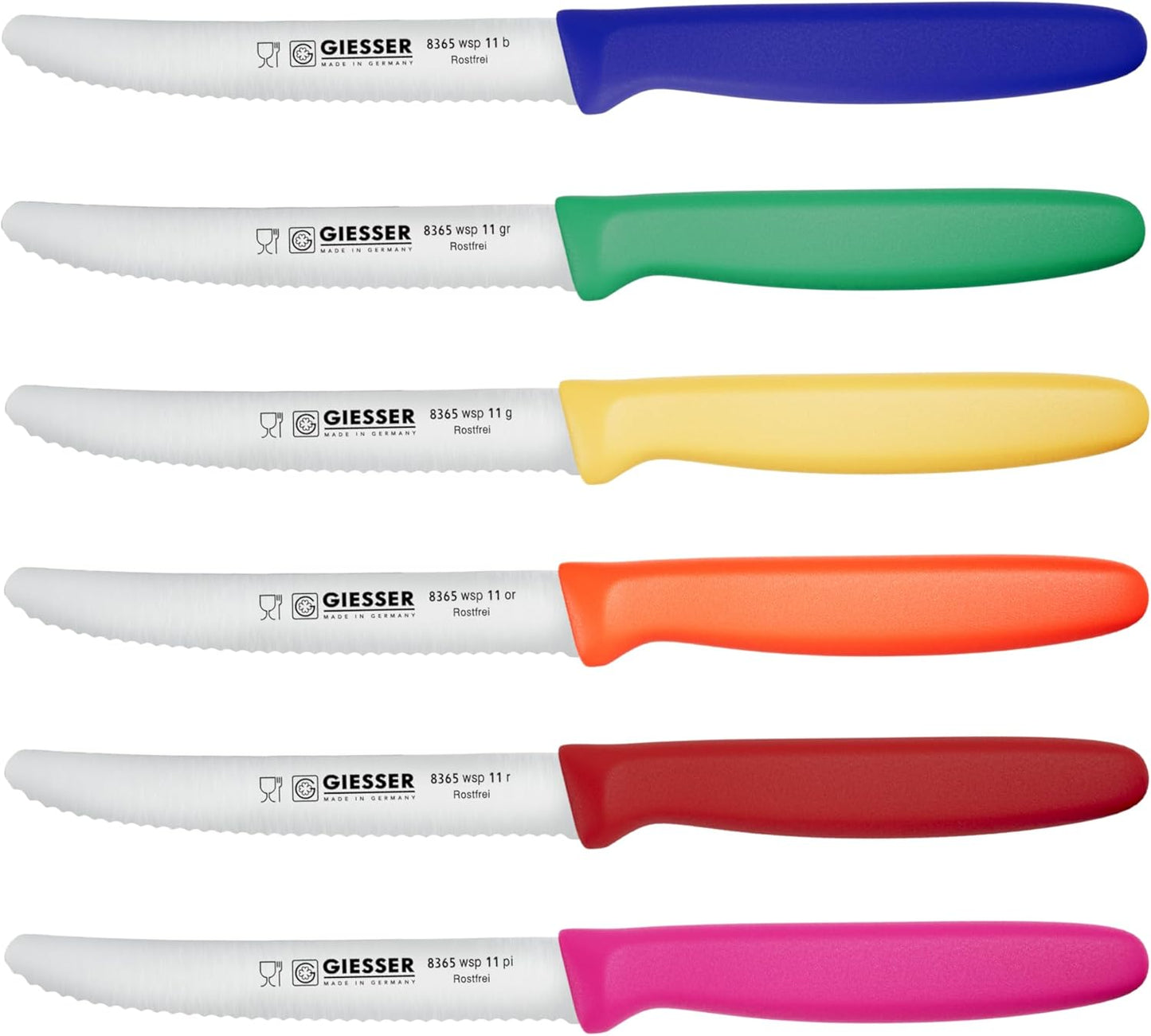 Giesser since 1776, Made in Germany, Serrated kitchen knives round tip dishwasher safe 4.5 inch - Tomato knife, Steak knive set of 6 (MIX Color)