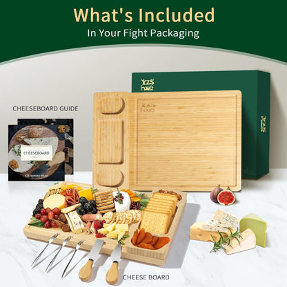 Premium Bamboo Charcuterie Board Set with Hidden Drawer & 4 Cheese Knives - 13x13 Large Cheese Board Serving Tray - Unique Housewarming Gifts for New Home, Wedding & Bridal Shower Gifts for Couples
