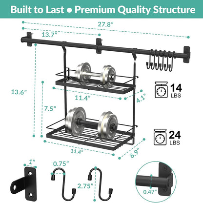 NADAMOO Spice Rack Wall Mount, 2-Tier Storage Shelf with Towel Bar, Utensil Hanger with Hooks for Kitchen, Bathroom, Pantry, Laundry, Matte Black Heavy Duty Metal Organizer