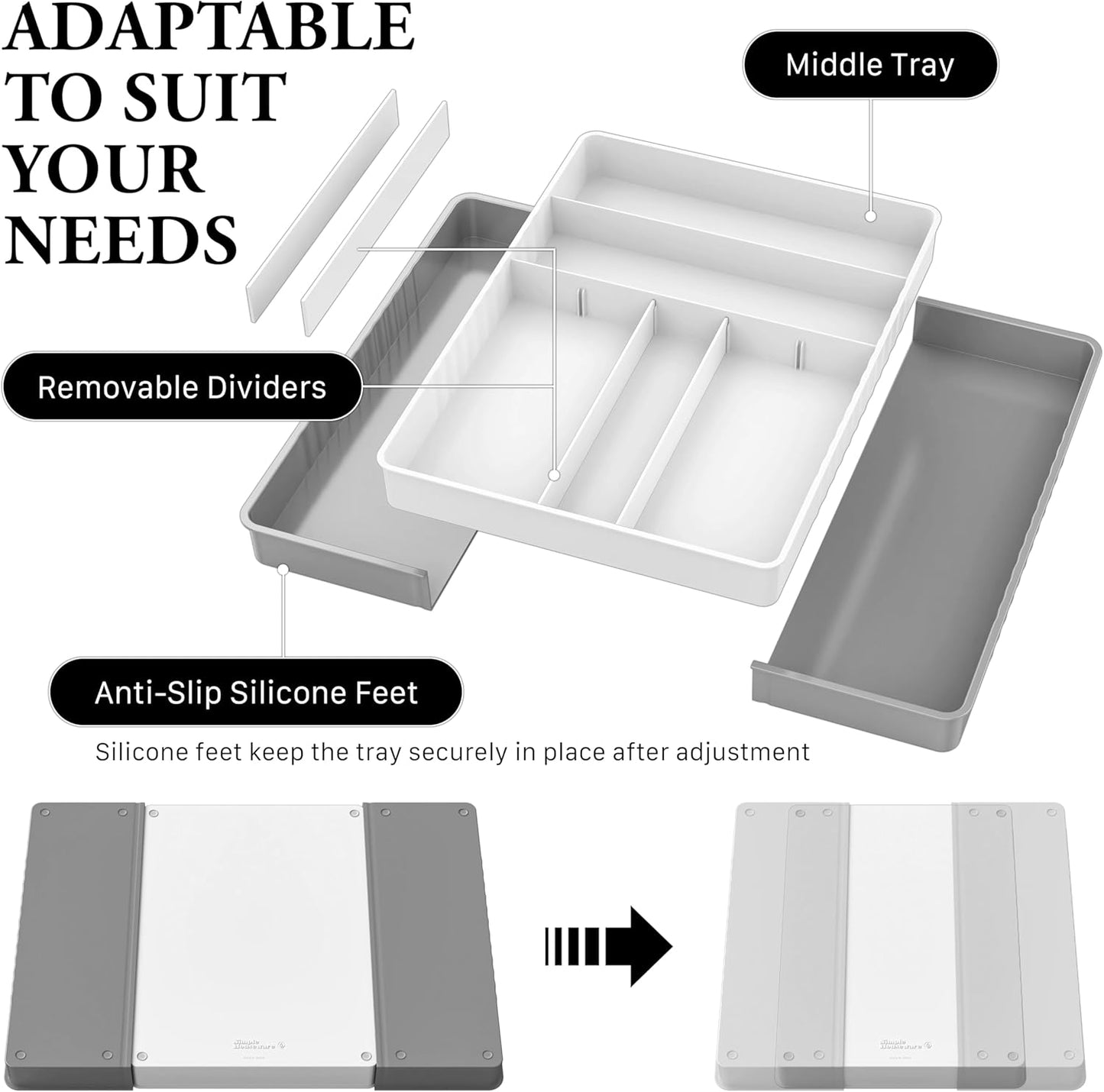 Simple Houseware Expandable & Adjustable Cutlery Drawer Organizer - Large Utensil and Flatware Tray for Kitchen Drawers, White