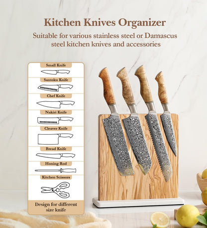 Strong Double Sided Magnetic Knife Block Without Knives, with Acacia Wood+430 Stainless Steel Base，Magnetic Universal Stands with Strong Enhanced Magnets Strip Kitchen Storage Cutlery Large Organizer