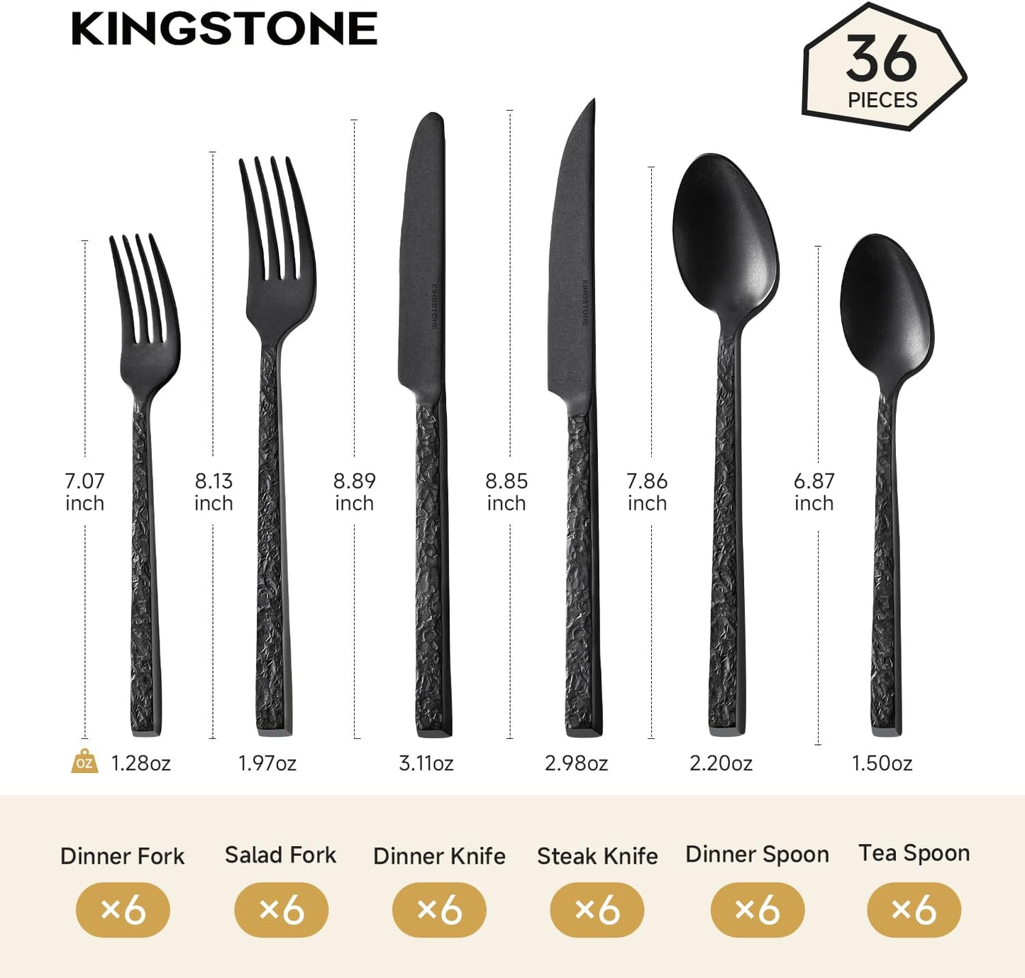 KINGSTONE 24 Pcs Black Hammered Silverware Set with Steak Knives for 4, 18/10 Stainless Steel Heavy Duty Flatware Set, Tableware Cutlery Utensil Sets for Home Restaurant Dishwasher Safe