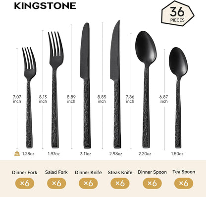 KINGSTONE 24 Pcs Black Hammered Silverware Set with Steak Knives for 4, 18/10 Stainless Steel Heavy Duty Flatware Set, Tableware Cutlery Utensil Sets for Home Restaurant Dishwasher Safe