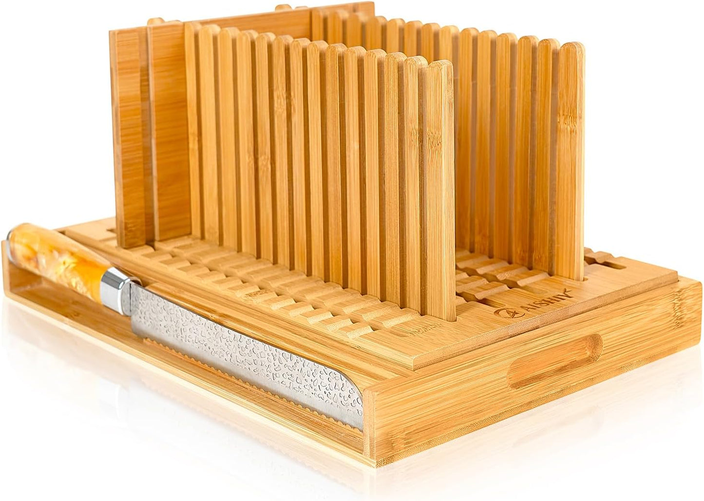 Bread Slicer for Homemade Bread, Adjustable Thickness and Width Slicing Guides, Plug in Slicer Guide Design, with Crumb Tray, Damascus steel pattern knife, for Cakes, Bagels