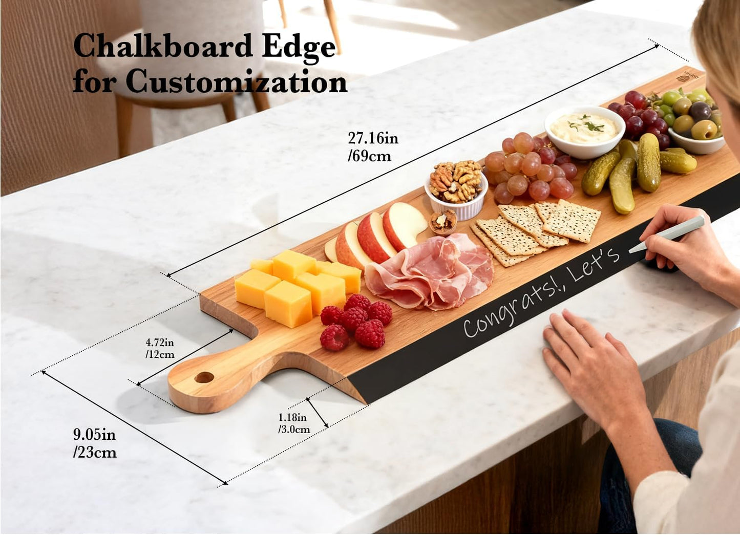 Acacia Wood Cutting Board with Handle, 2-in-1 Reversible Charcuterie Board & Chopping Board, Large 17"x13" Chalkboard Edge Serving Board for Meat & Cheese, Fruit and Nuts, Christmas Gift