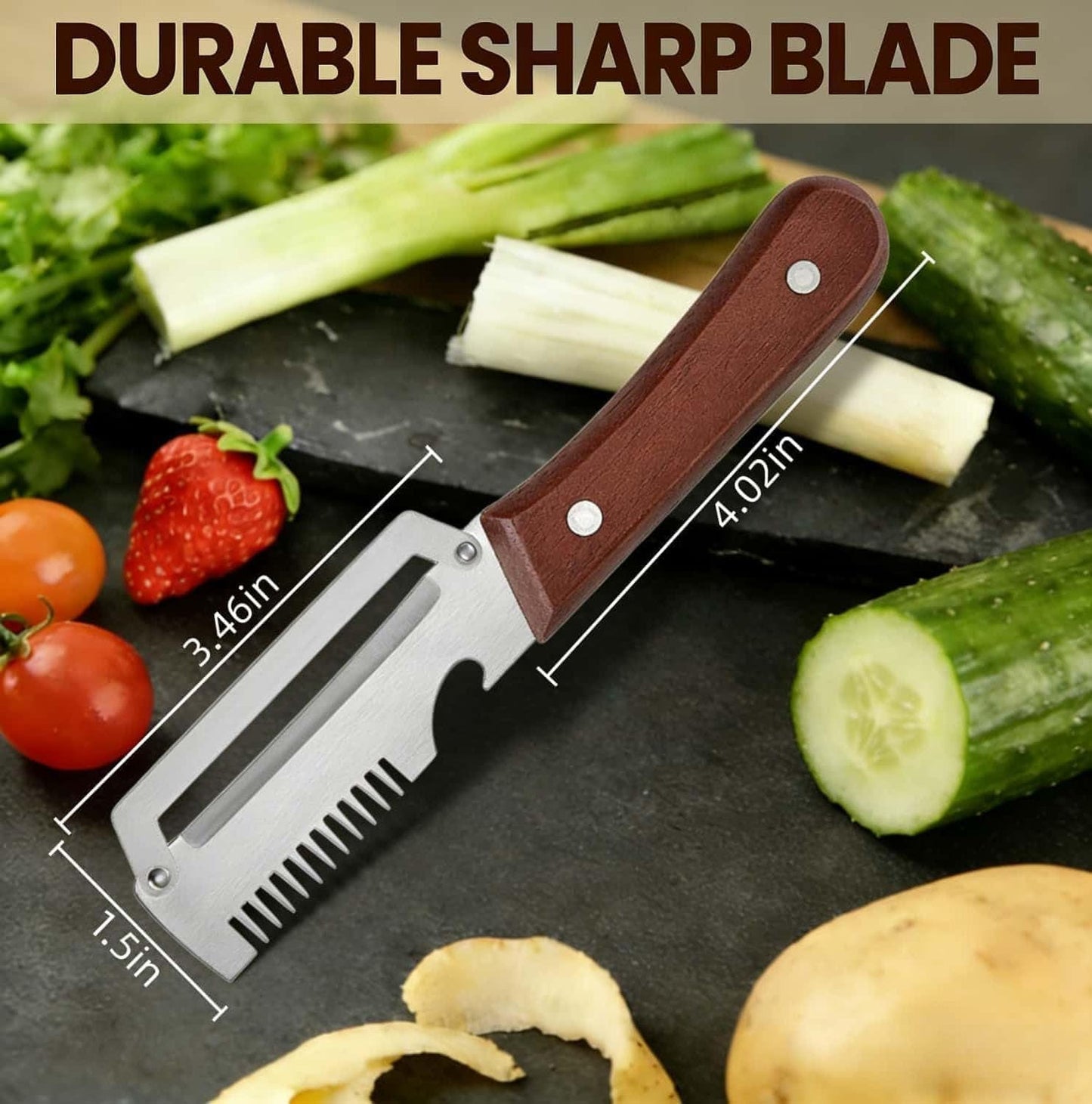 2 Pack MultiFunctional Vegetable Peeler,3 in 1 Multi Functional Wooden Handle Peeler and Bottle Opener,Peeler Knife for Fruit Pumpkin Peeling Potato Carrot Veggie Peeler