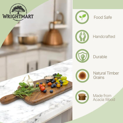 Acacia Wood Cutting Board with Handle, Single Piece Solid Wood, Double Sided Charcuterie and Bread Board, Small Knife Friendly Kitchen Prep Board, 15 x 8 Inch