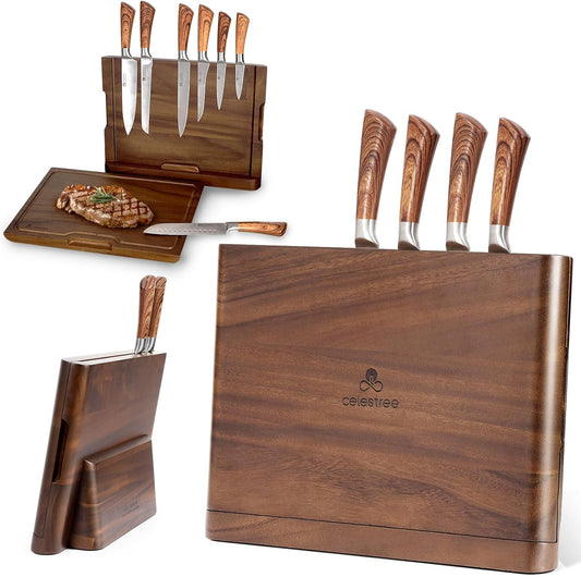 2 - in - 1 Magnetic Knife Block Holder with 16"x11" Teak Cutting Board, Crafted from Premium Natural Teak Wood,Juice Grooves, Kitchen Organizer for Home Chefs