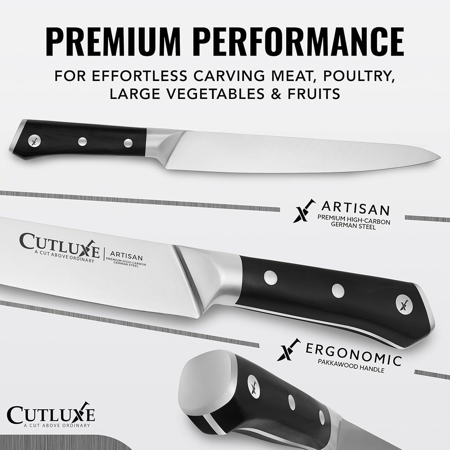 Cutluxe Butcher Knife Set – BBQ Brisket, Breaking and Boning Knives, Honing Rod – Carving Knife Set for Meat Cutting, Ultra Sharp German Steel, Full Tang, Ergonomic Handles – Artisan Series