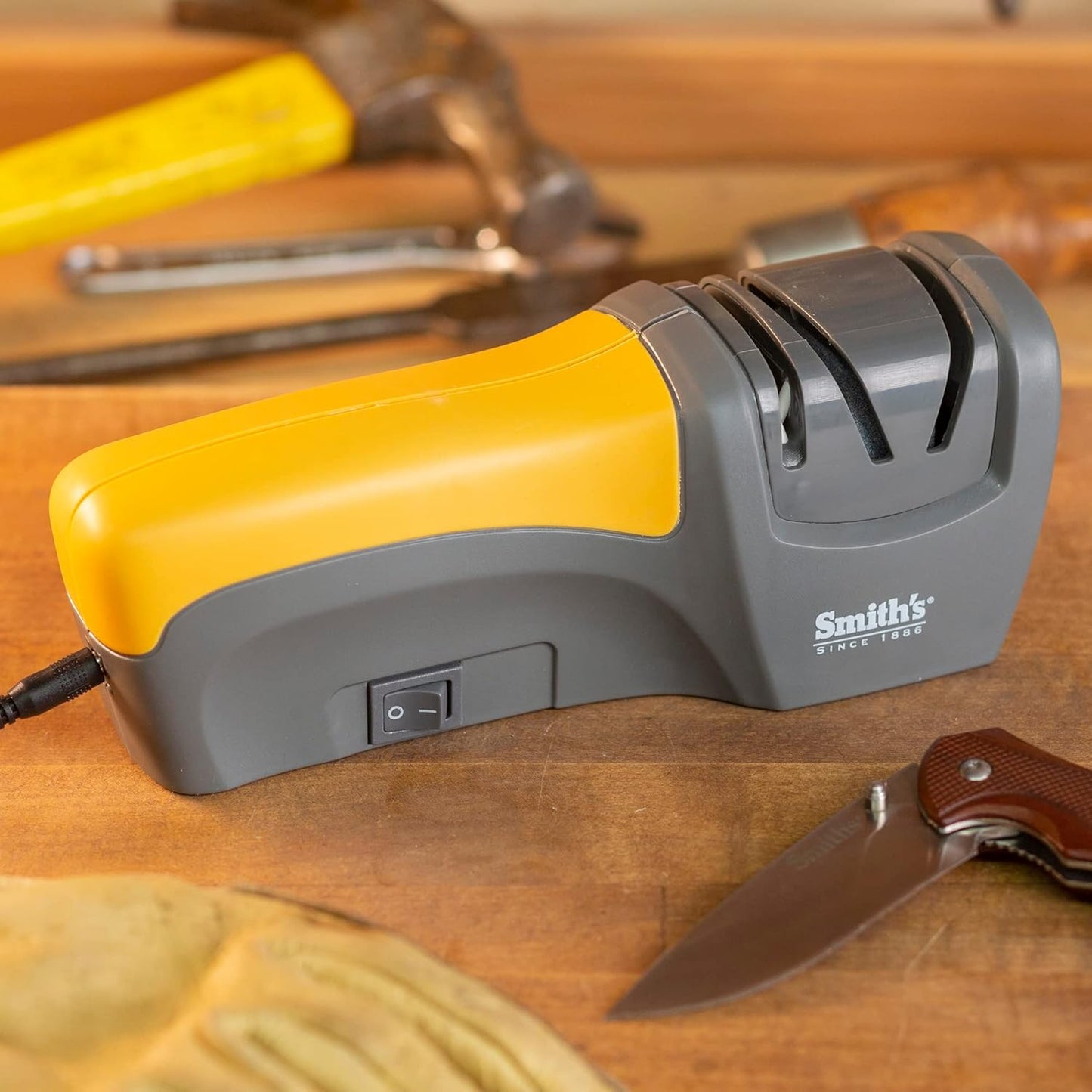 Smith’s 50029 Compact Electric Knife Sharpener , Stainless , Kitchen Knife 2 Stage Sharpener , Electric & Manual , Blade Guide , Quick Sharpening & Polishing , Straight Edge Blades , Handheld 120 V