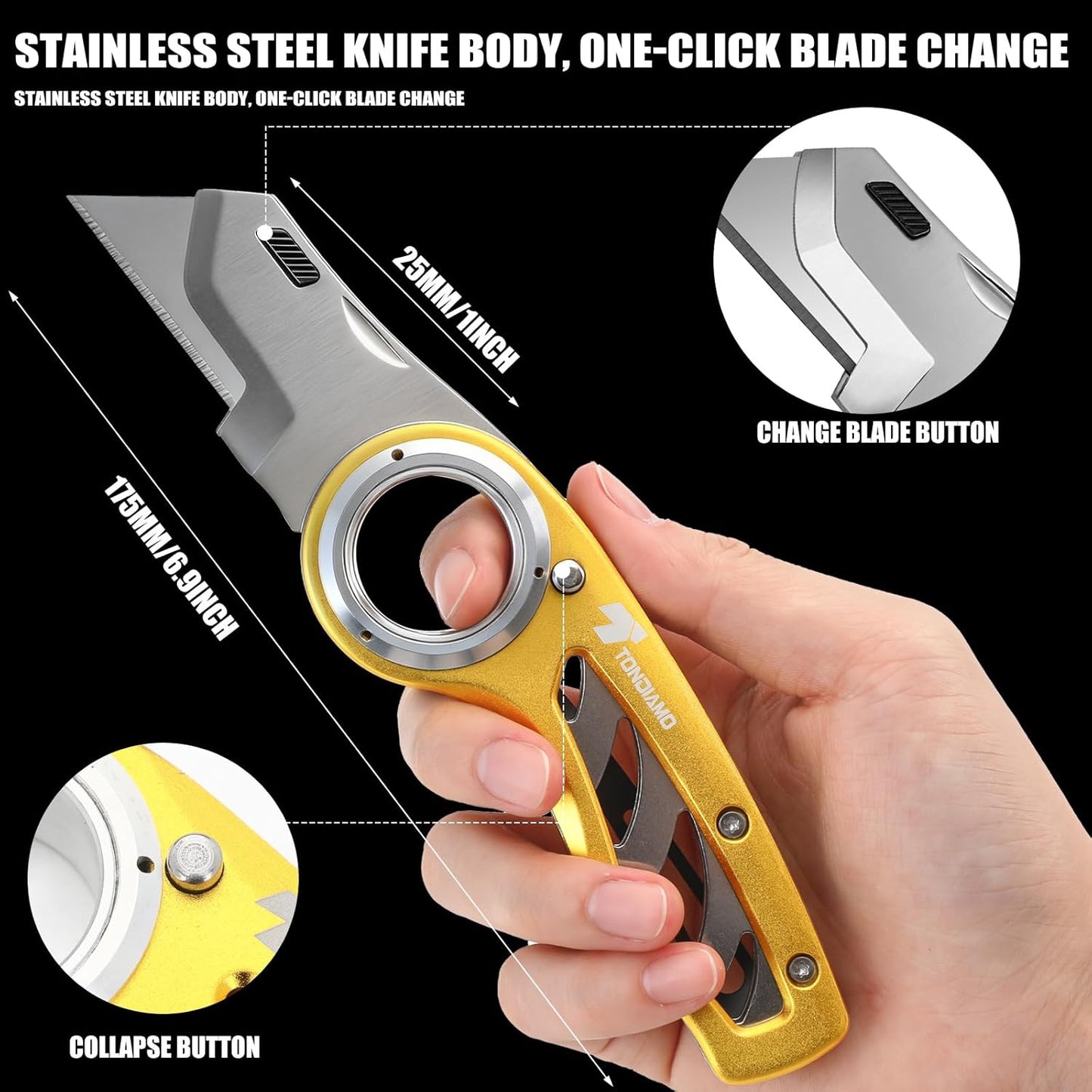 Tondiamo 4 Pcs Folding Pocket Utility Knife Heavy Duty Box Cutter Folding Razor Knife with Anti Slip Finger Loop Easy Change Blades 3 Lock Positions Design (Yellow,Red,Black,Green)