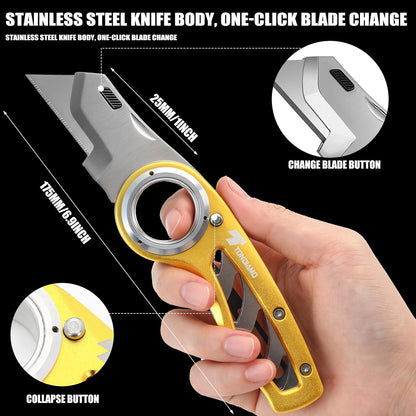 Tondiamo 4 Pcs Folding Pocket Utility Knife Heavy Duty Box Cutter Folding Razor Knife with Anti Slip Finger Loop Easy Change Blades 3 Lock Positions Design (Yellow,Red,Black,Green)