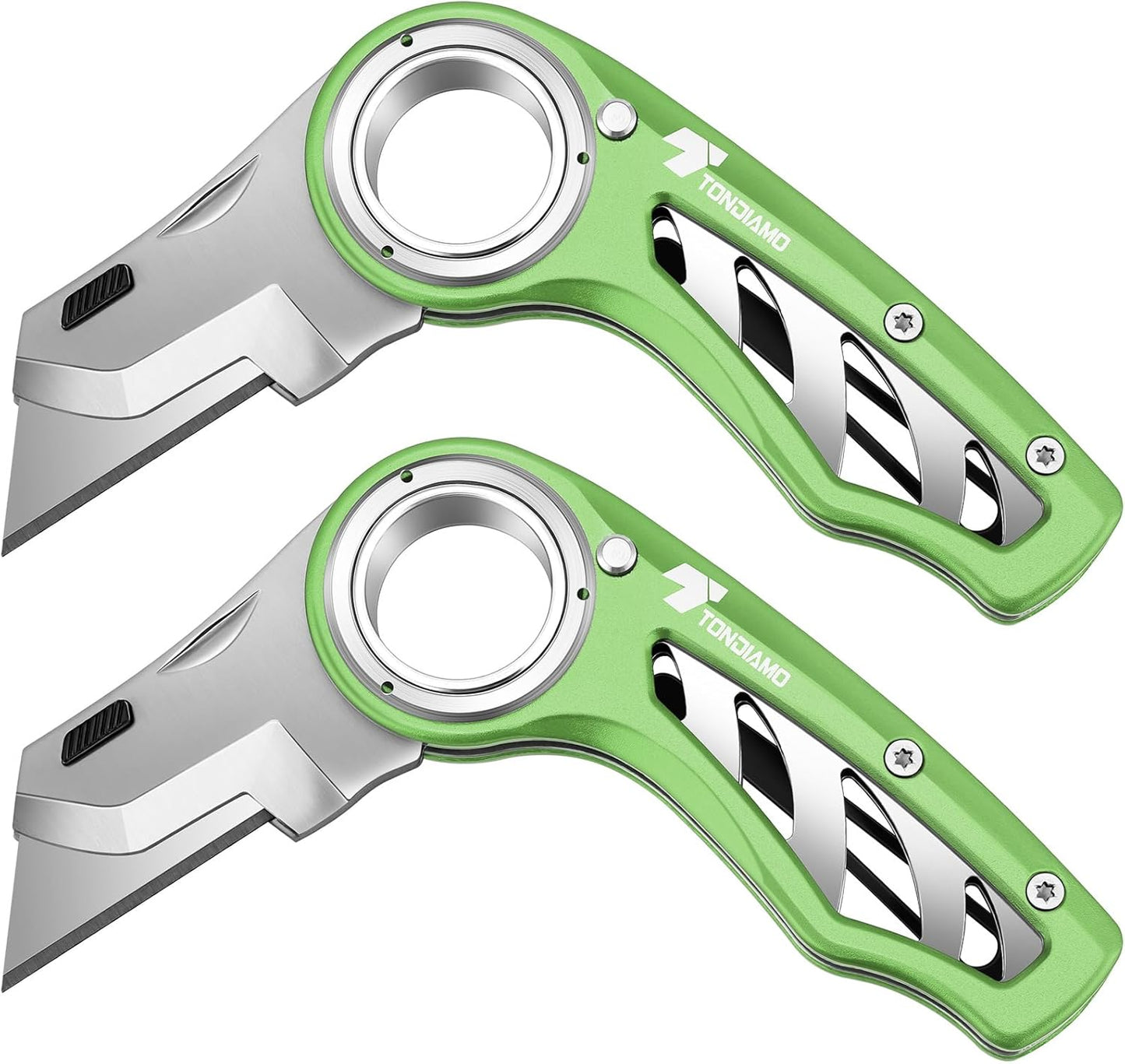 Tondiamo 4 Pcs Folding Pocket Utility Knife Heavy Duty Box Cutter Folding Razor Knife with Anti Slip Finger Loop Easy Change Blades 3 Lock Positions Design (Yellow,Red,Black,Green)
