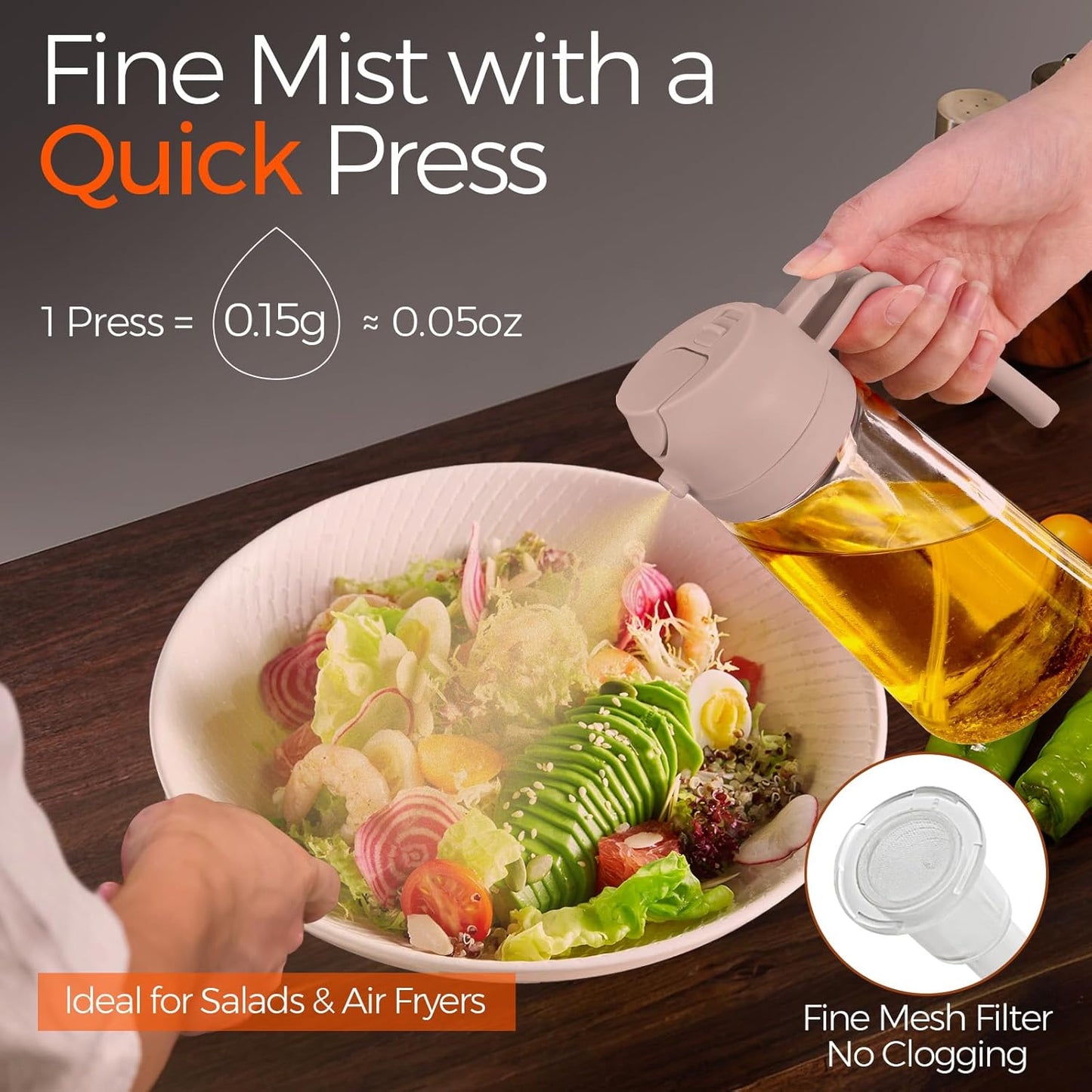 YARRAMATE 16oz/470ml Glass Olive Oil Sprayer for Cooking with Stickers, 2 in 1 Oil Dispenser for Kitchen Gadgets, Food Grade Premium Spray Bottle for Salad, Frying, BBQ (Creamy White)