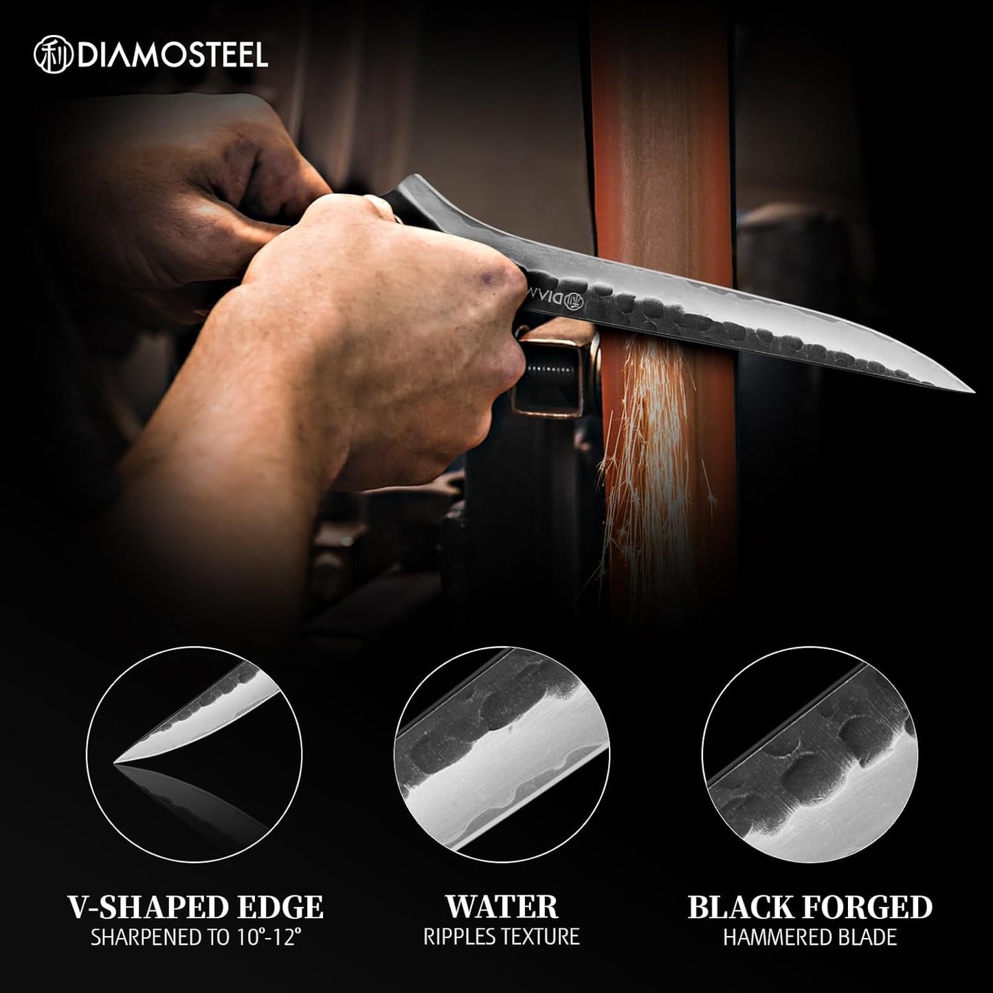 Santoku Knife - 7-Inch Professional Kitchen Knife - Hammered Black Oxide Blade Japanese 9CR18MOV High Carbon Stainless Steel Sharp Chef Knife - Ergonomic Pakkawood Handle with Present Box