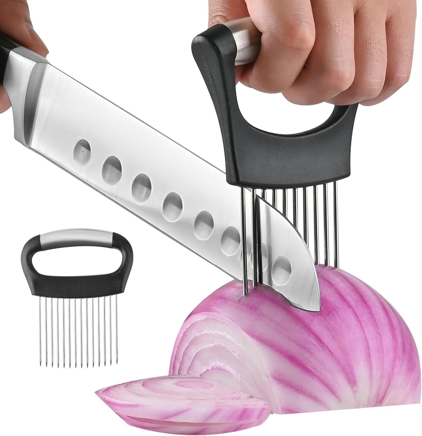 【2 PCS】Onion Holder for Slicing - Stainless Steel Vegetable & Fruit Cutter Chopper for Onions, Tomatoes, Avocados, Potatoes, Eggs, Meat & Lemon - Kitchen Slicer Assistant with Neat Guide & Tenderizer.