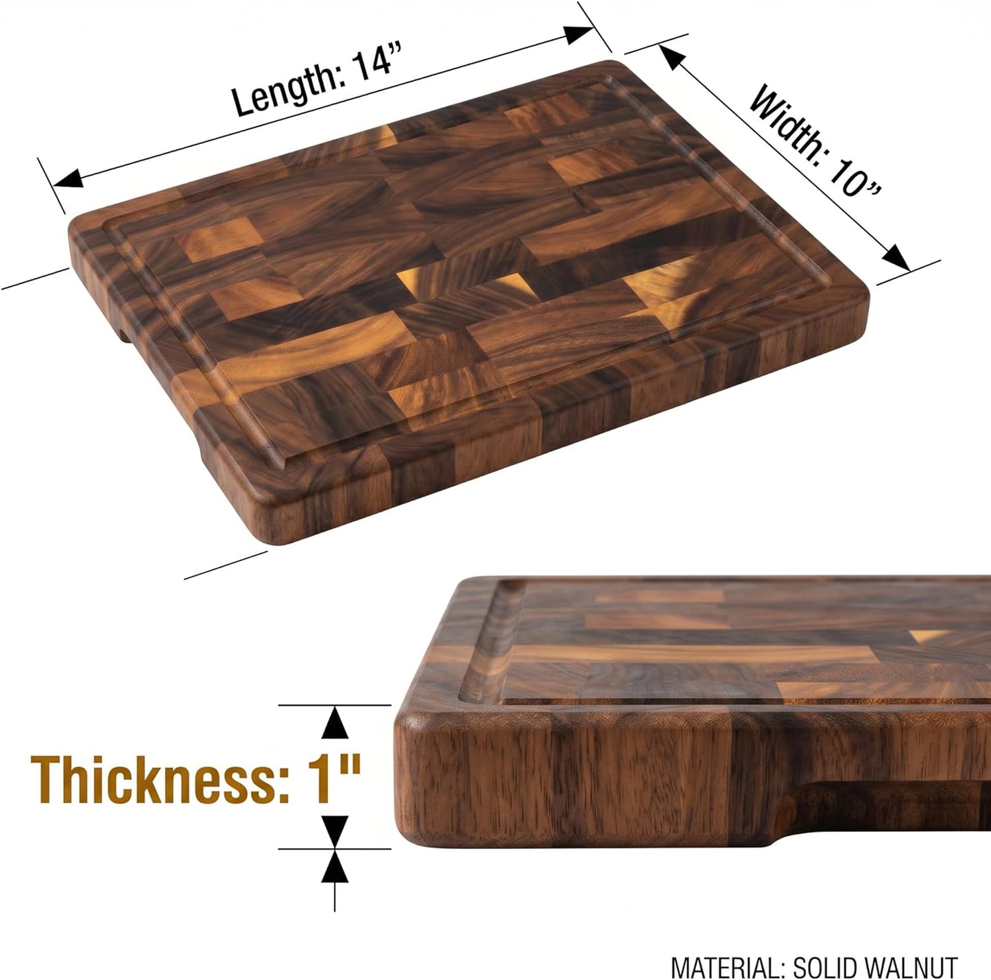Walnut Cutting Board for Kitchen, 14x10x1" End Grain Cutting Board with Juice Groove, Reversible Solid Wood Butcher Block Cutting Board, Charcuterie Board, Tablas Para Picar Cocina