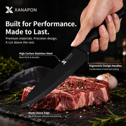 XANAPON 19-Piece Black Kitchen Knife Set with Block and Built-in Sharpener, High Carbon Stainless Steel Chef Knives Set for Kitchen with 8 Steak Knives, Ergonomic Handles, Perfect Housewarming Gift
