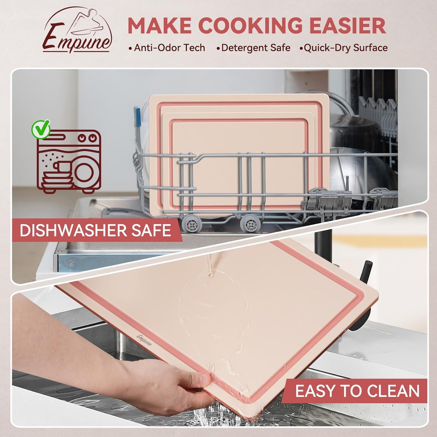 Empune 3-Piece Plastic Cutting Boards for Kitchen - Thick & Non-Slip Chopping Board Set with Juice Grooves, Dishwasher Safe, BPA Free, Includes Large & Small Sizes, Gray