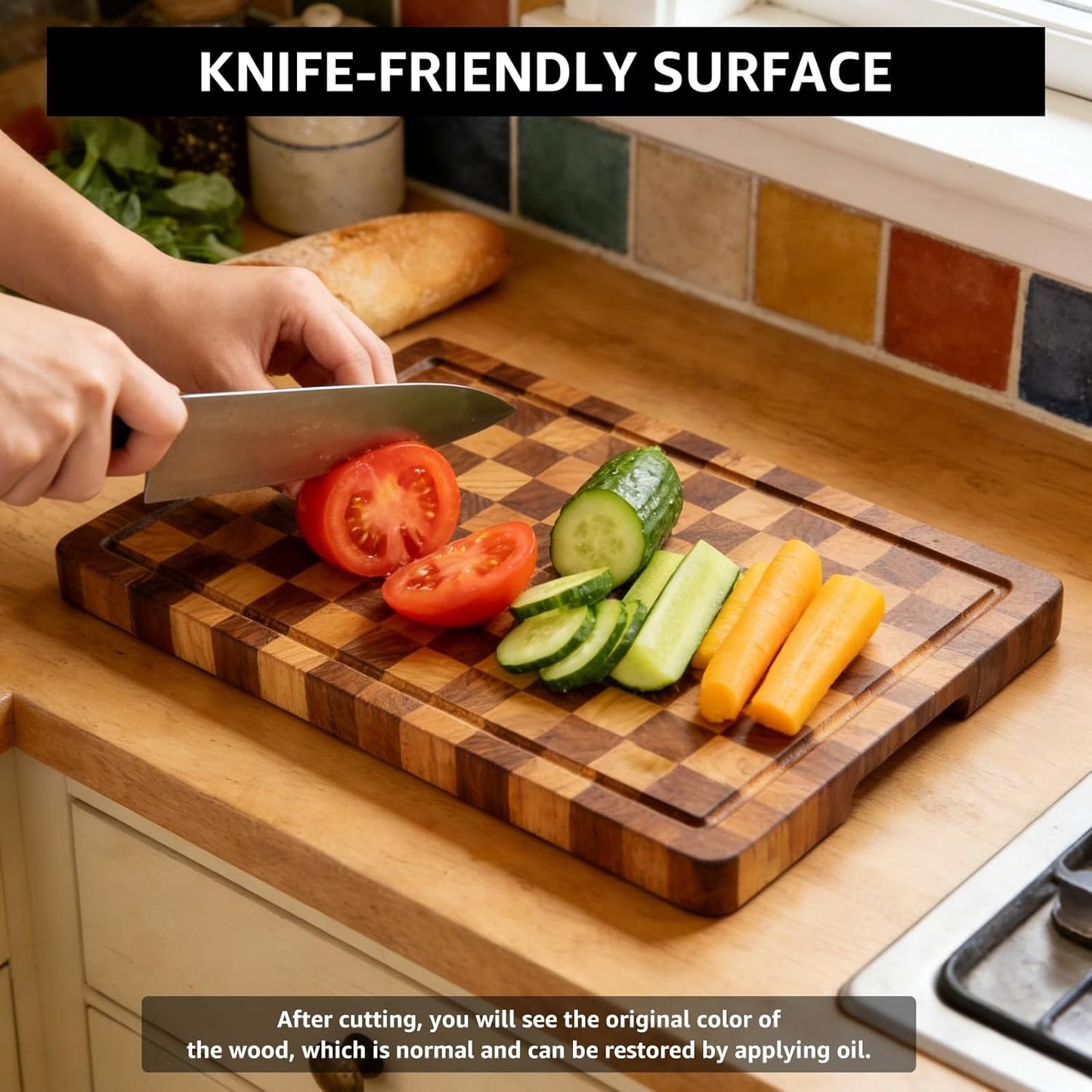 Walnut Wood Cutting Board for Kitchen, End Grain Chopping Board with Juice Groove, Heavy Duty Checkered Board for Cheese and Vegetables, Non-slip Feet, 14" × 11" × 1.5"