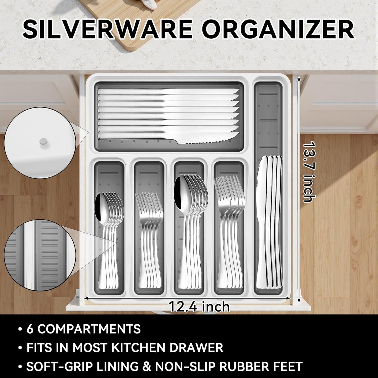JUNLIN 49 Pieces Black Silverware Set with Steak Knives, Stainless Steel Silverware with Organizer Flatware Utensils Set for 8, Forks and Spoons Silverware Set Cutlery Set