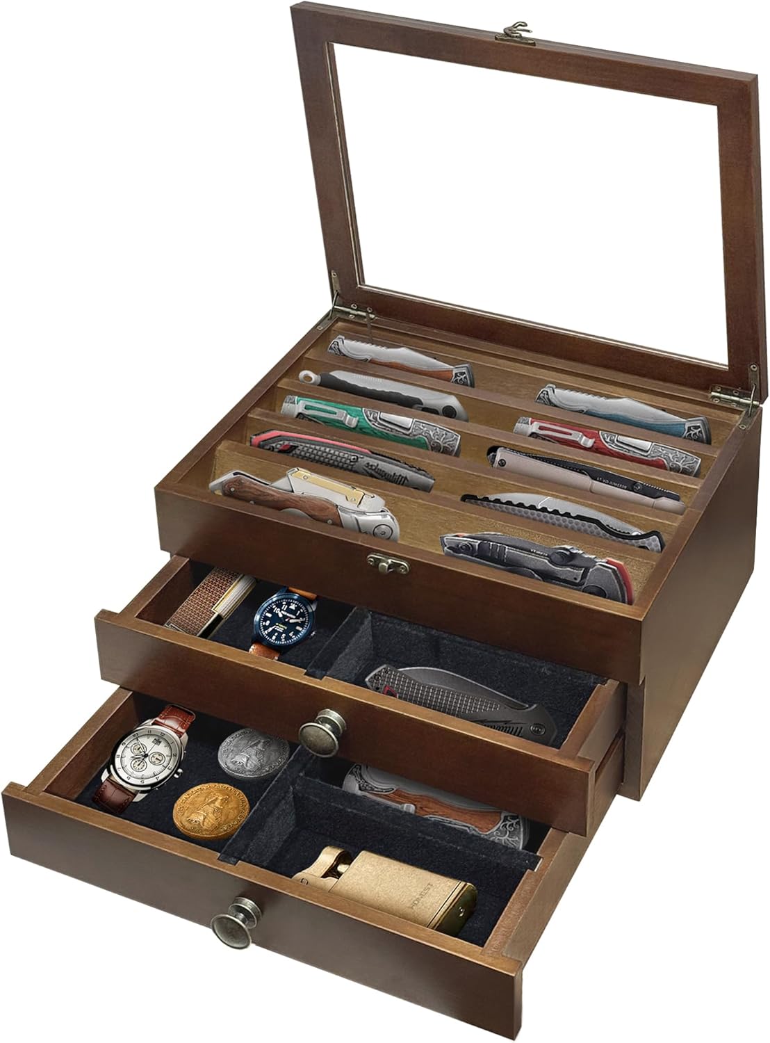 Knife Display Case,2 Layer Pocket Knife Display Case Wood, Knife Collection Display Case with Drawers, Pocket Knife Organizer for Gifts, Black