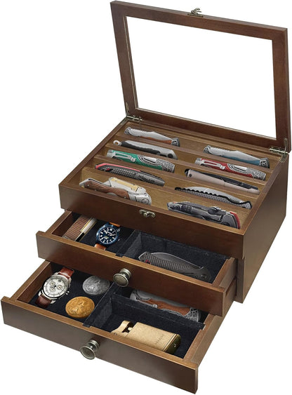 Knife Display Case,2 Layer Pocket Knife Display Case Wood, Knife Collection Display Case with Drawers, Pocket Knife Organizer for Gifts, Black