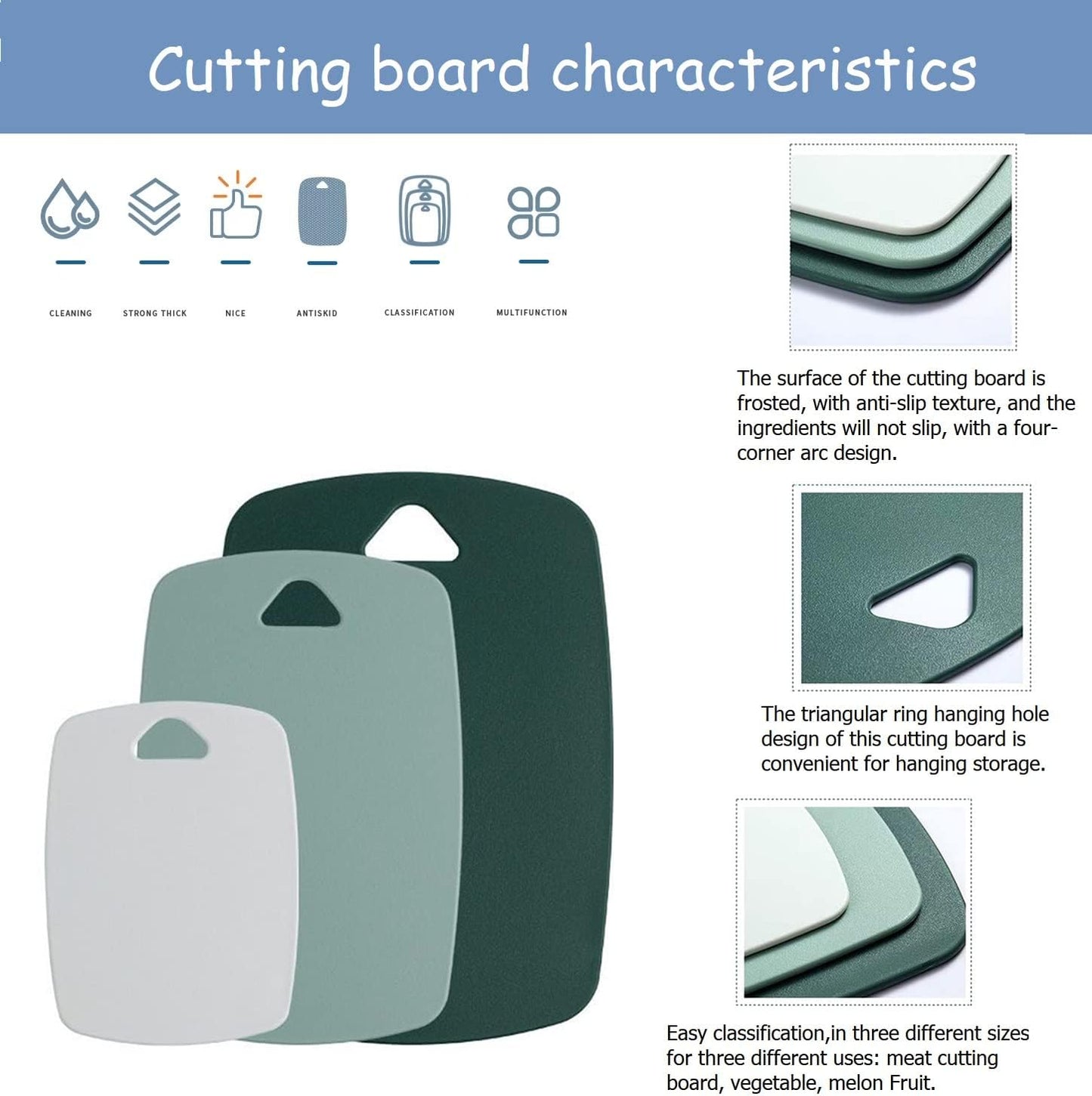 Plastic Cutting Board Set of 3, Cutting Boards for Kitchen,Thick Chopping Boards for Meat, Veggies, Fruits, with Easy Grip Handle,Dishwasher Saf,Suitable for outdoor camping, RV. (green)