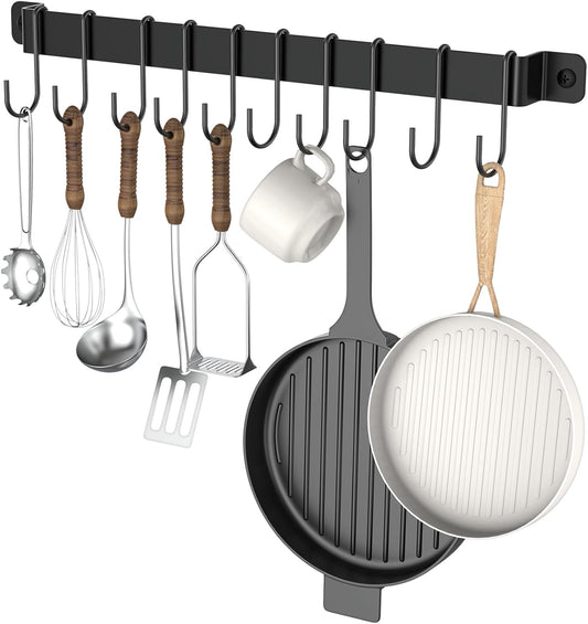 Kitchen Hanger Wall Mounted with 10 Hooks, Wrought Iron Kitchen Rail Utensil Holder Rack, Hanging Pots, Pans, Coffee Mug, Black, 17", 1 Pcs
