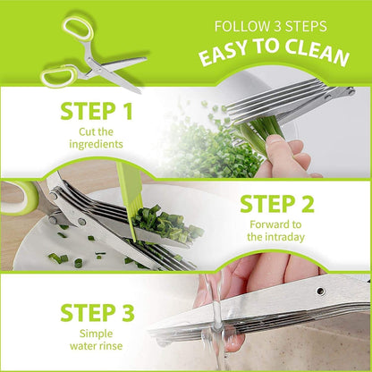 Herb Scissors with 5 Sharp Stainless Steel Blades, for Cutting Chives, Parsley, Basil and more, Includes Cleaning Comb and Safety Cover (Green)