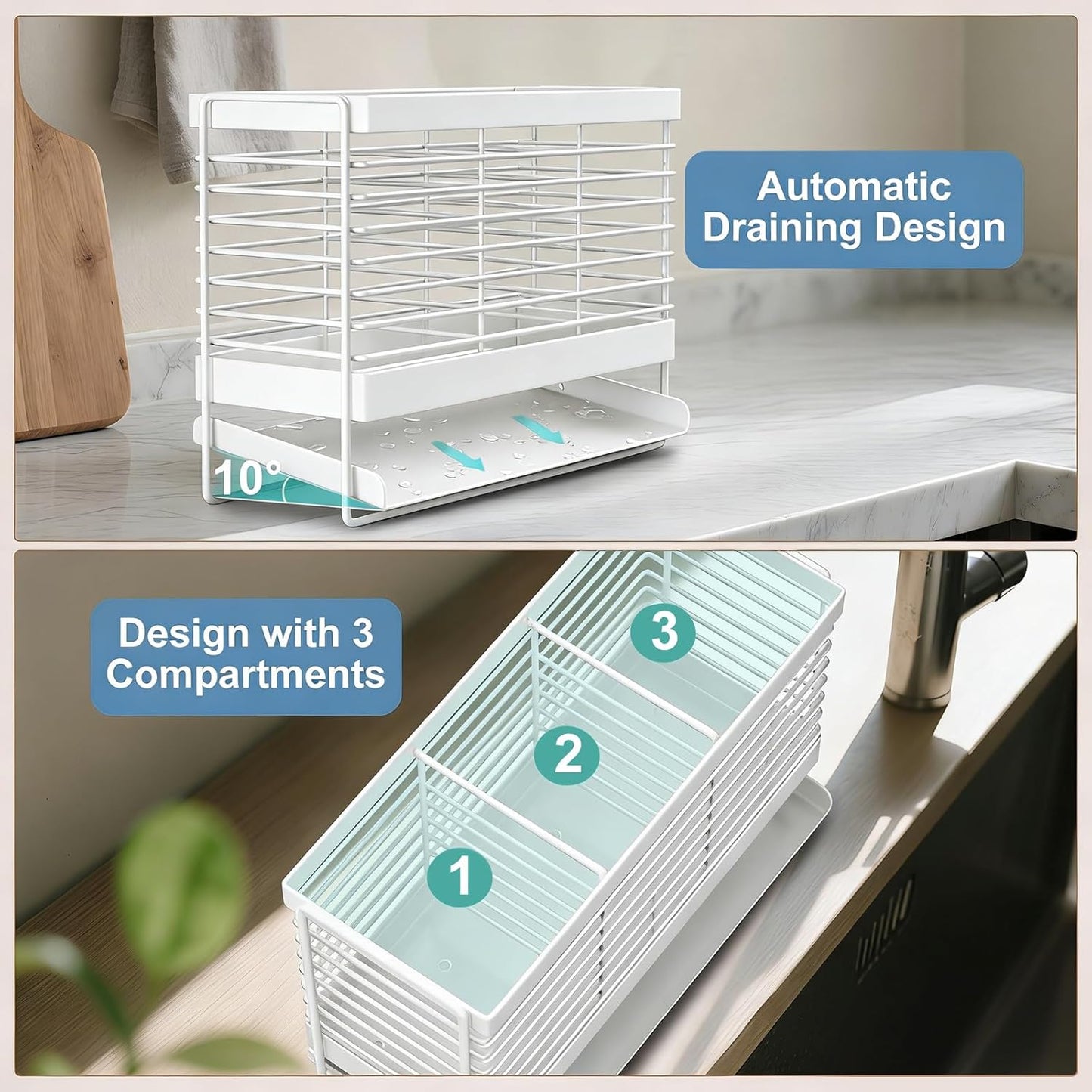 Utensil Holder, Upgrade Stainless Steel Utensil Drying Rack with Automatic Drain Tray for Kitchen Counter, Silverware Cutlery Organizer for Spoons, Forks, Knifes, Chopsticks (Black)