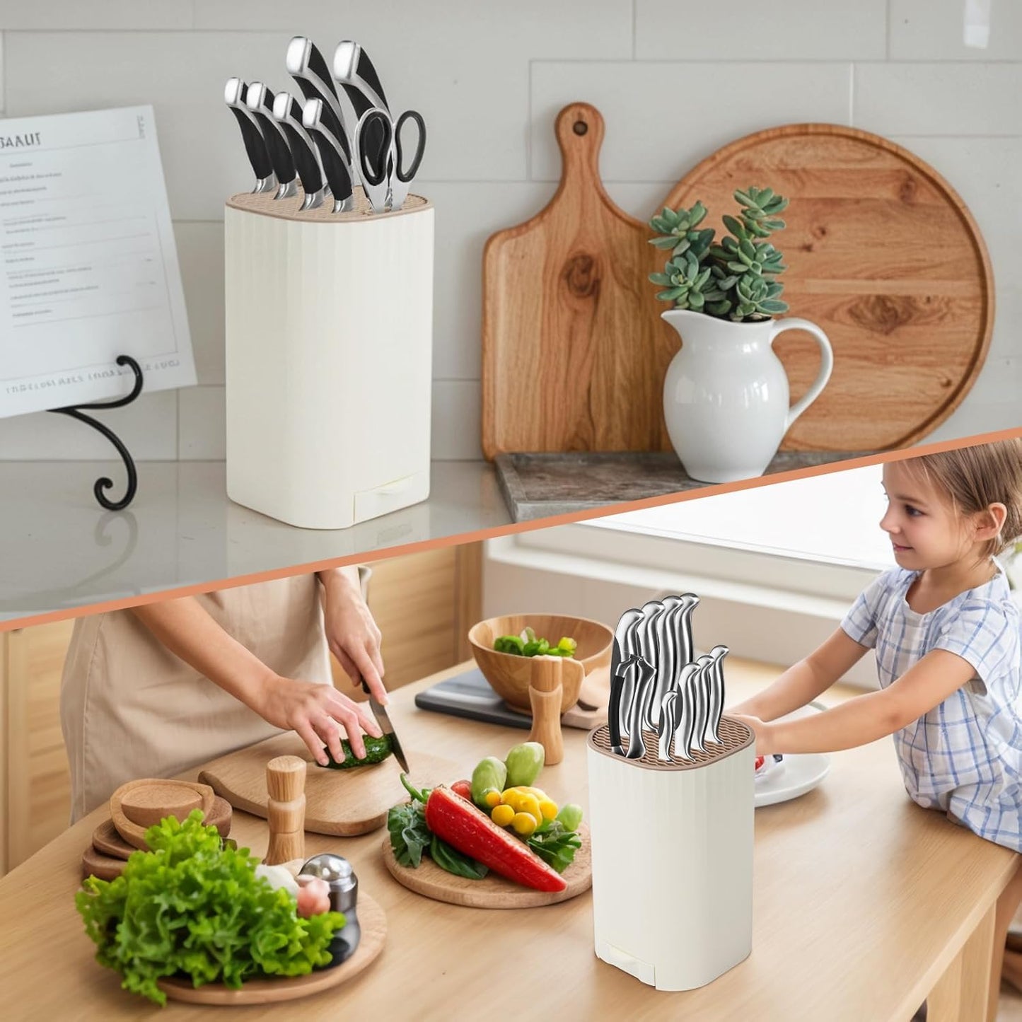 Knife Block Without Knives with Sharpening Stone Large Volume with Scissors Slot Knife Holder Qoosea Easy Cleaning Detachable Knife Storage Space Saver for Kitchen White