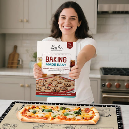 Silicone Baking Mat with Recipes, Extra Thick Silicone Mats for Baking, Non Stick Pastry Mat for Rolling Dough, Silicone Macaron Baking Mat for Cookie,Bread,Pizza,Fondant Mat, Oven&Dishwasher Safe
