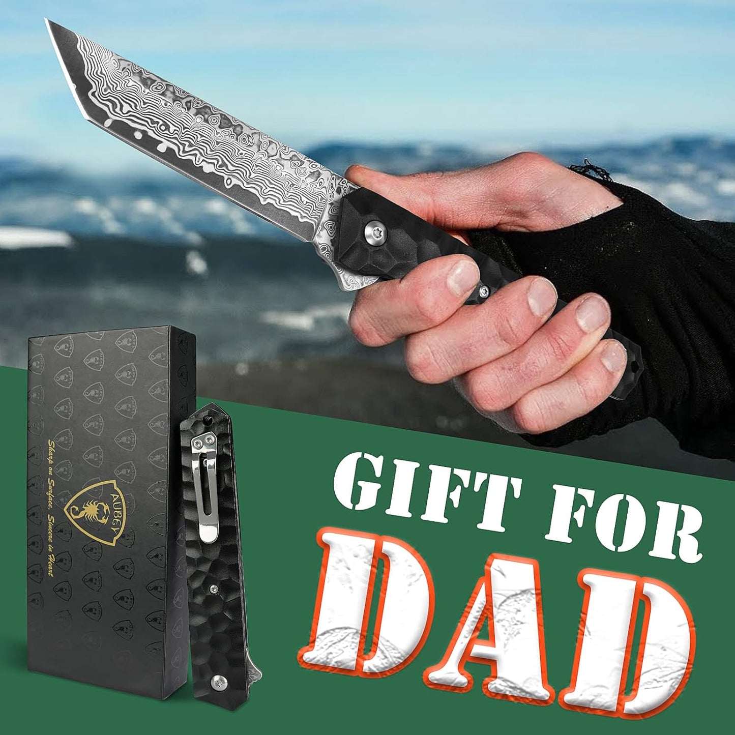 AUBEY Damascus Pocket Knife with Clip, Sharp Tanto Blade with VG10 Core Folding Knife with Abalone Shell Handle and Glass Breaker, EDC Camping Knife for Gift Survival Collection