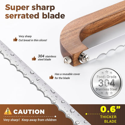 Sourdough bread knife,Bread slicer for homemade bread,Adjustable blade tightness for Even Slicing, Serrated knife,Wooden bread cutter with Bow Design (1, brown)