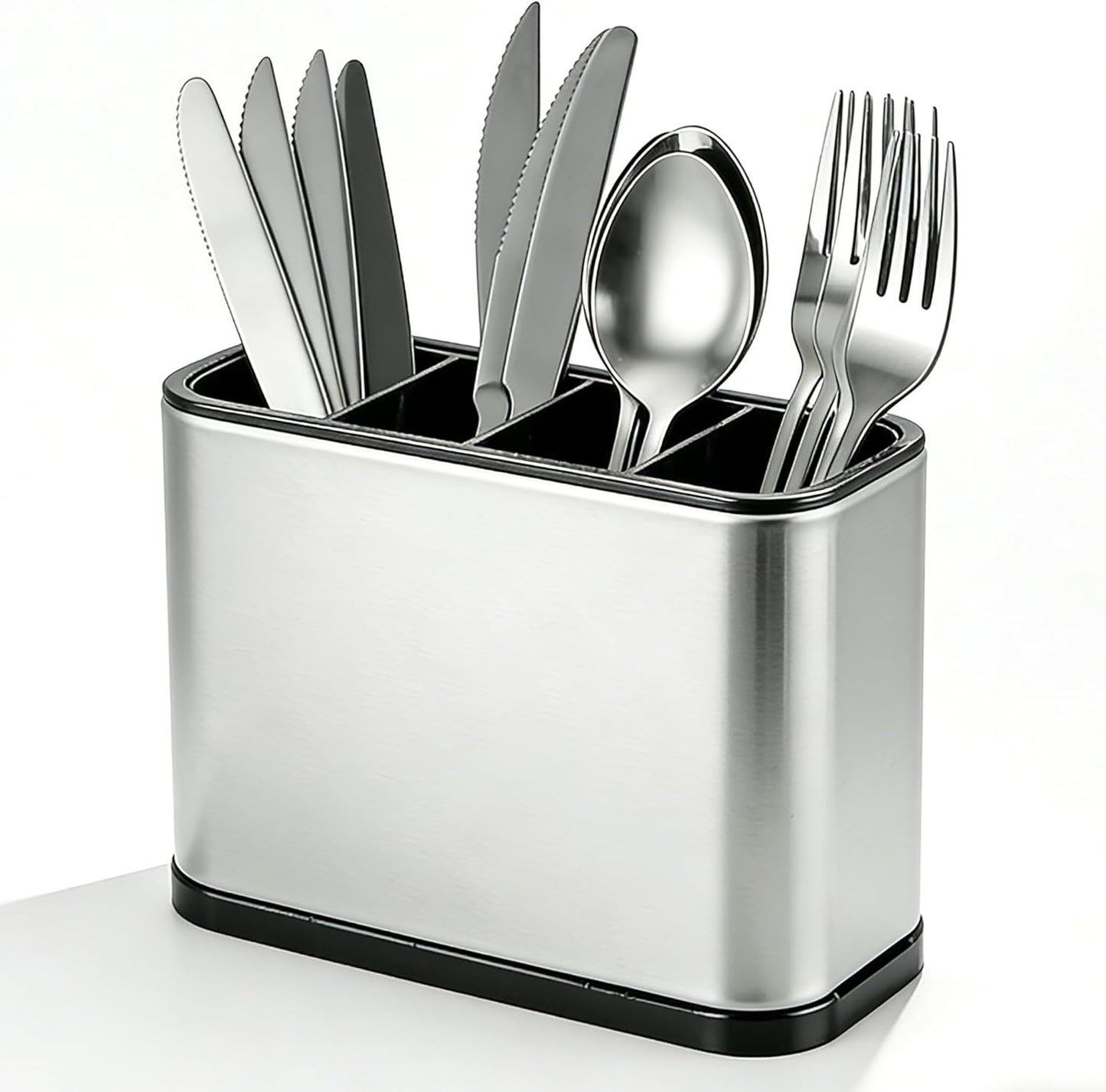 Utensil Holder, Silverware Organizer Caddy for Countertop Kitchen with 4 Compartments, Flatware Spoon Fork Tool Cutlery Holder Utensil Crock with Drain Tray for Counter Party Office, Silvery