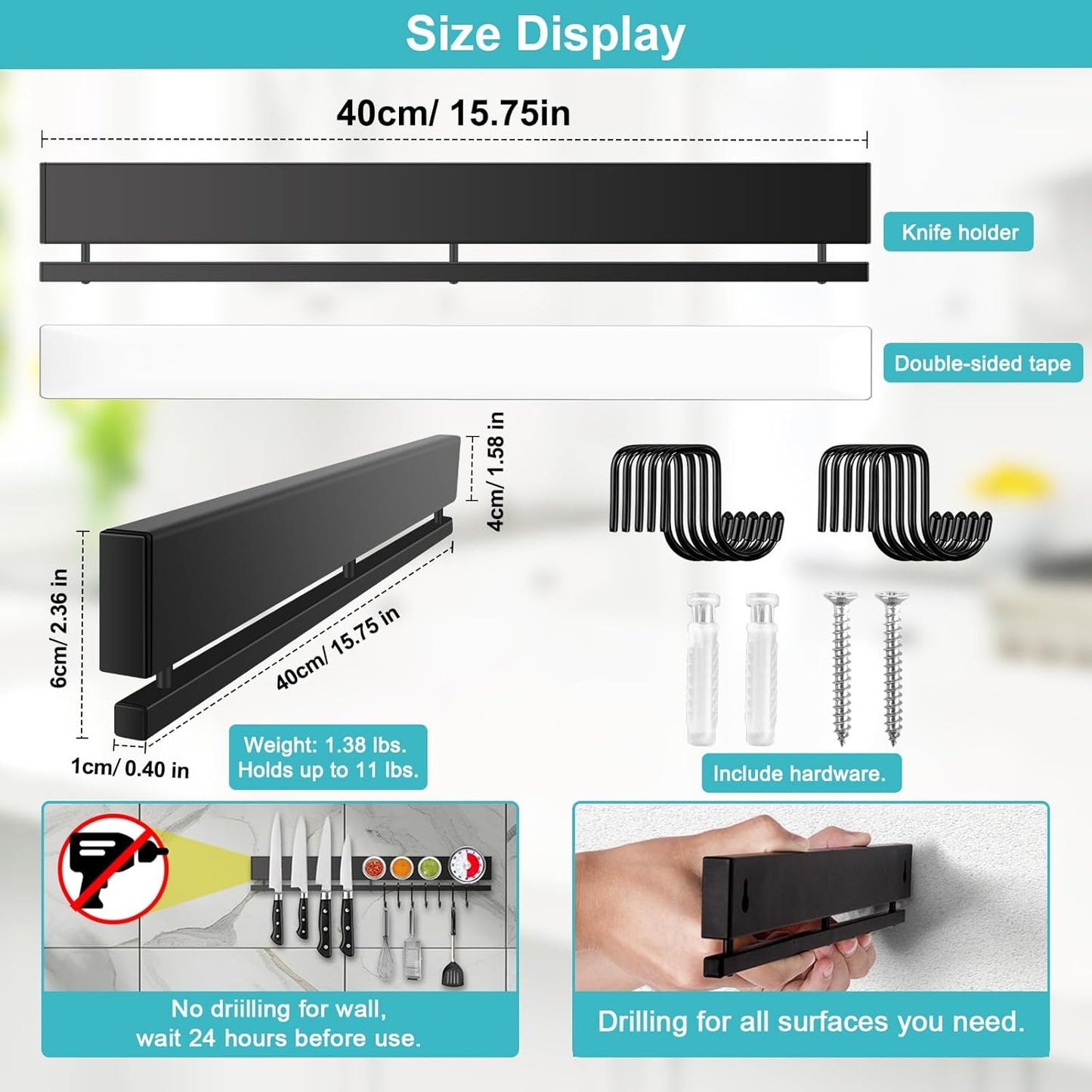 16 Inch Magnetic Knife Holder for Wall with 10 Hooks, No Drilling Magnetic Knife Strip Adhesive Magnet Bar, Wall Mount Knives Block Utensil Holder Stainless Steel Tool Rack for RV Kitchen Organization