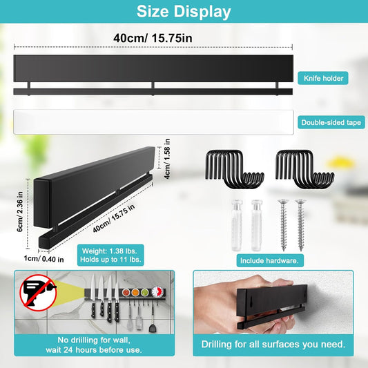 16 Inch Magnetic Knife Holder for Wall with 10 Hooks, No Drilling Magnetic Knife Strip Adhesive Magnet Bar, Wall Mount Knives Block Utensil Holder Stainless Steel Tool Rack for RV Kitchen Organization