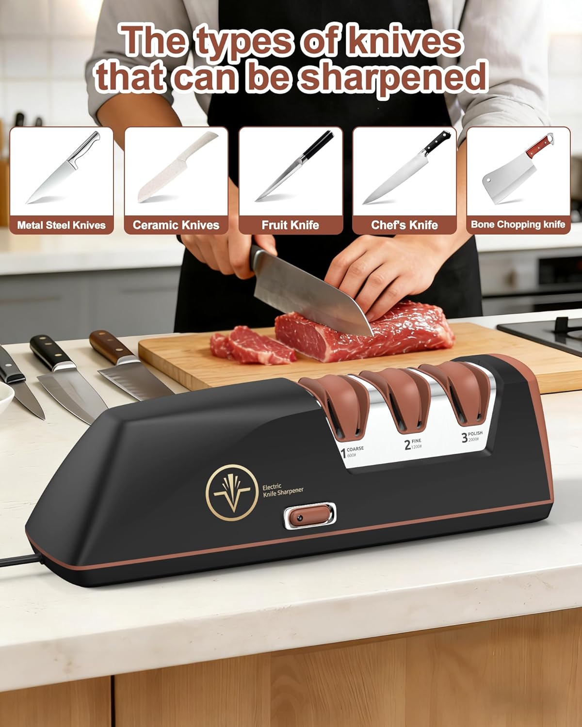 Electric Knife Sharpener with Replaceable Sharpening Head Easy to Change, 3-Stage & 15° Precision Angle Diamond Sharpening System for Metal Knives, Ceramic knives, Exquisite Gifts and Packaging