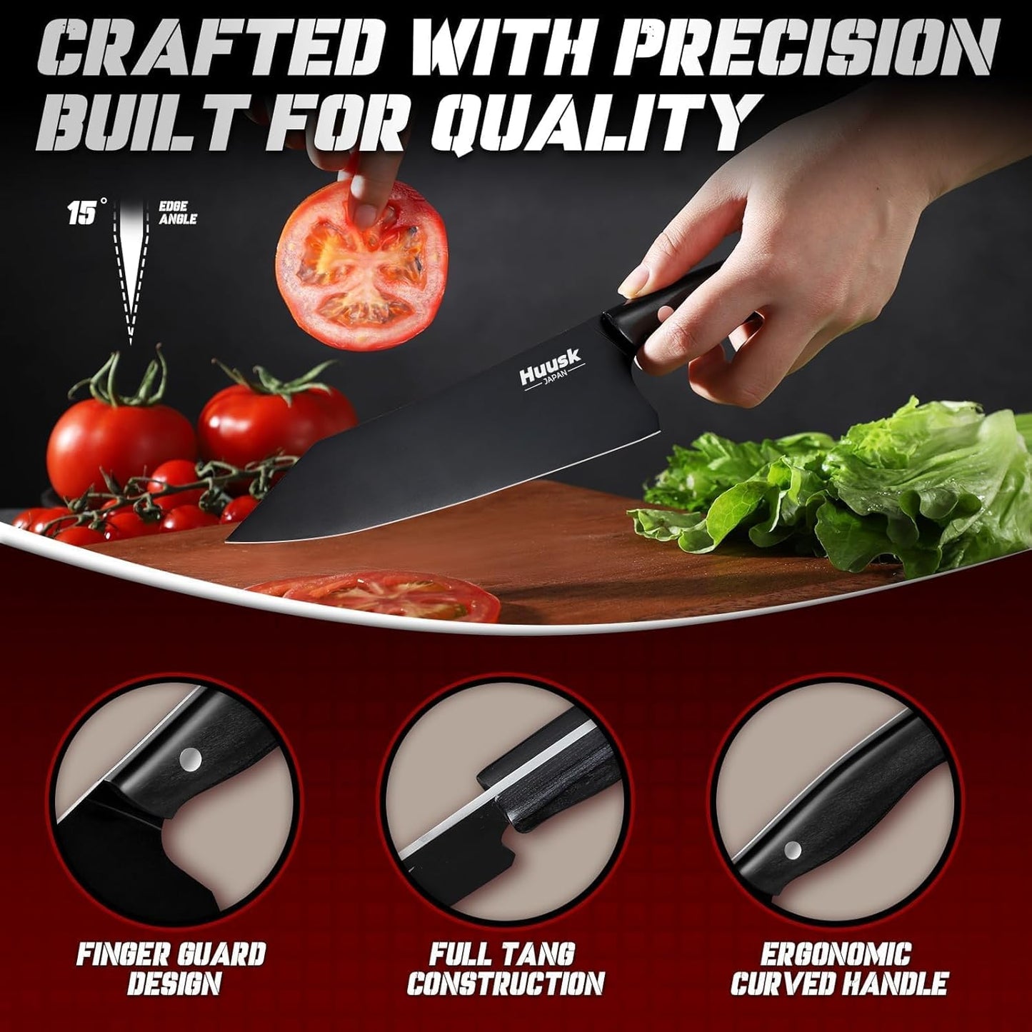Huusk Japanese Chef Knife Set for Kitchen - 3 pcs Black Kitchen Knife Set with Titanium Coating, Stainless Cutting Knives Sets, Professional Cooking Knives for Vegetable Fruit Meat, Christmas Gift Men