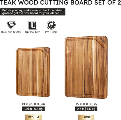 3 Pack Teak Wood Cutting Board Set for Kitchen Charcuterie Board Serving Heavy Duty Non Toxic Slip Hardwood Over Sink Solid Thick Haus Wooden Chopping Board Large Big Small Meat Best Essential Gift