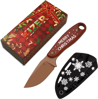 Kizer Hare Fixed Blade Knife with Sheath, 3.14" D2 Steel Blade EDC Hunting Knife with Burlap Micarta and Black G10 Handle, Small Survival Knives, Outdoor Camping Knives for Men Women 1077M3