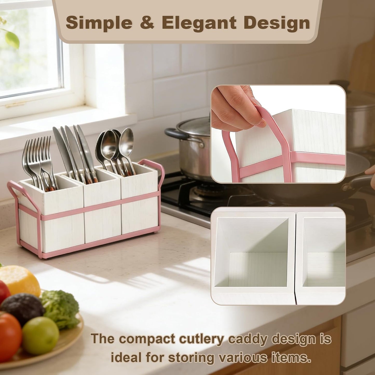 Kitchen Utensil Holder for Countertop, 3 Compartments Wooden Utensils Organizer for Cooking Utensils, Silverware, Spatula, Fork, Knife, Cutlery Storage for Kitchen Counter-White