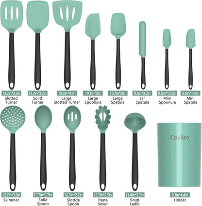 Coukre Silicone Kitchen Cooking Utensils Set with Holder – Heat-Resistant, Food-Grade Kitchen Tools, Spatula, Spoon & Gadgets for Non-Stick Pans, Dishwasher Safe (14, PureBlack)