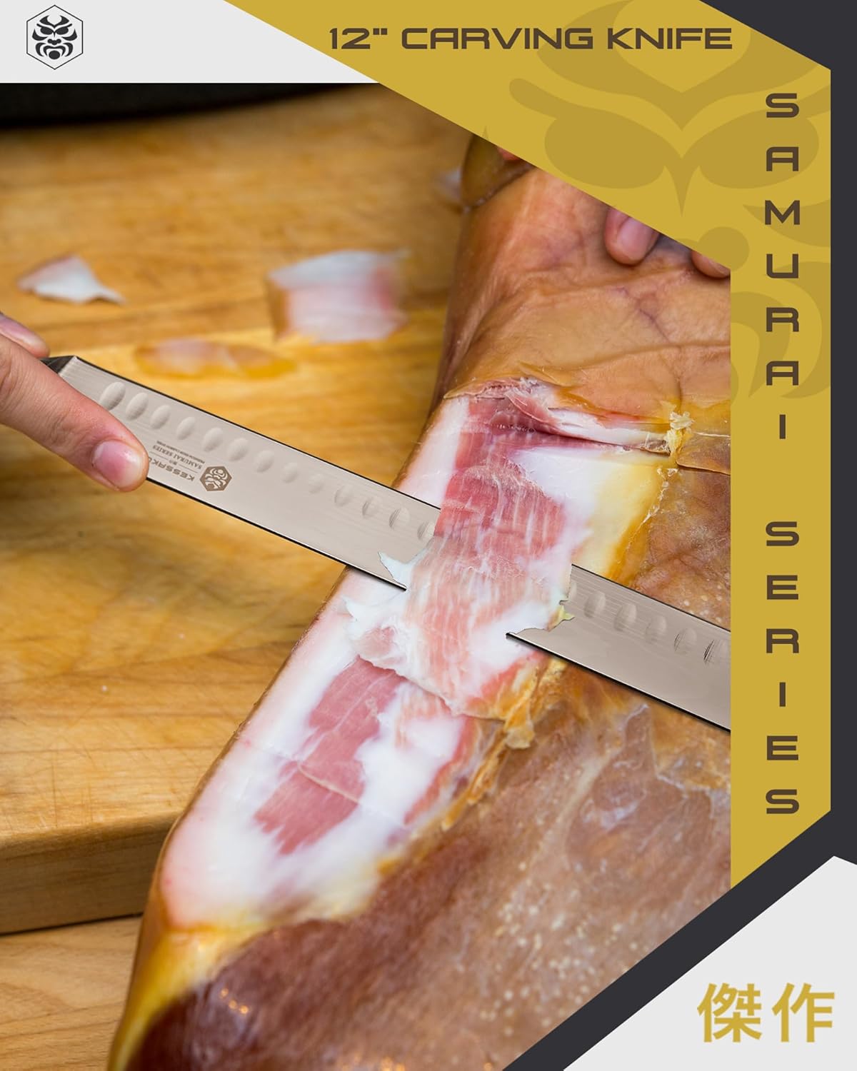 KESSAKU 14-Inch Slicing Carving Knife - Samurai Series - Serrated Granton Edge - Forged High Carbon 7Cr17MoV Stainless Steel - Pakkawood Handle with Blade Guard