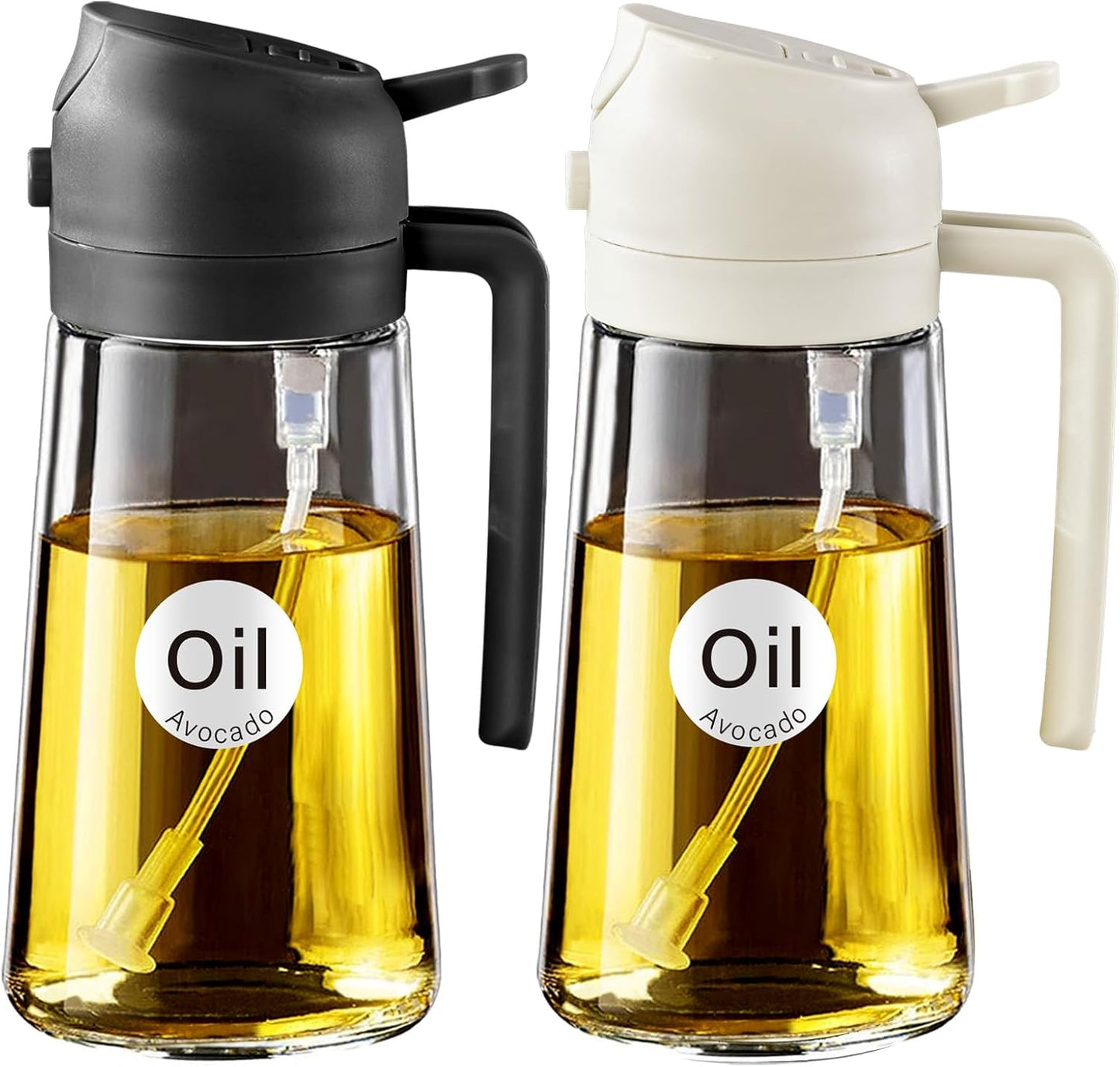 YARRAMATE 16oz/470ml Glass Olive Oil Sprayer for Cooking with Stickers, 2 in 1 Oil Dispenser for Kitchen Gadgets, Food Grade Premium Spray Bottle for Salad, Frying, BBQ (Creamy White)