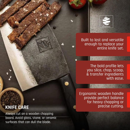 COOLINA Daozi 8" Butcher Knife, Hand-Forged High-Carbon Steel Cleaver for Heavy-Duty Meat Cutting, Slicing, Chopping, Brisket & BBQ, Full-Tang Forged Blade with Ergonomic Wood Handle