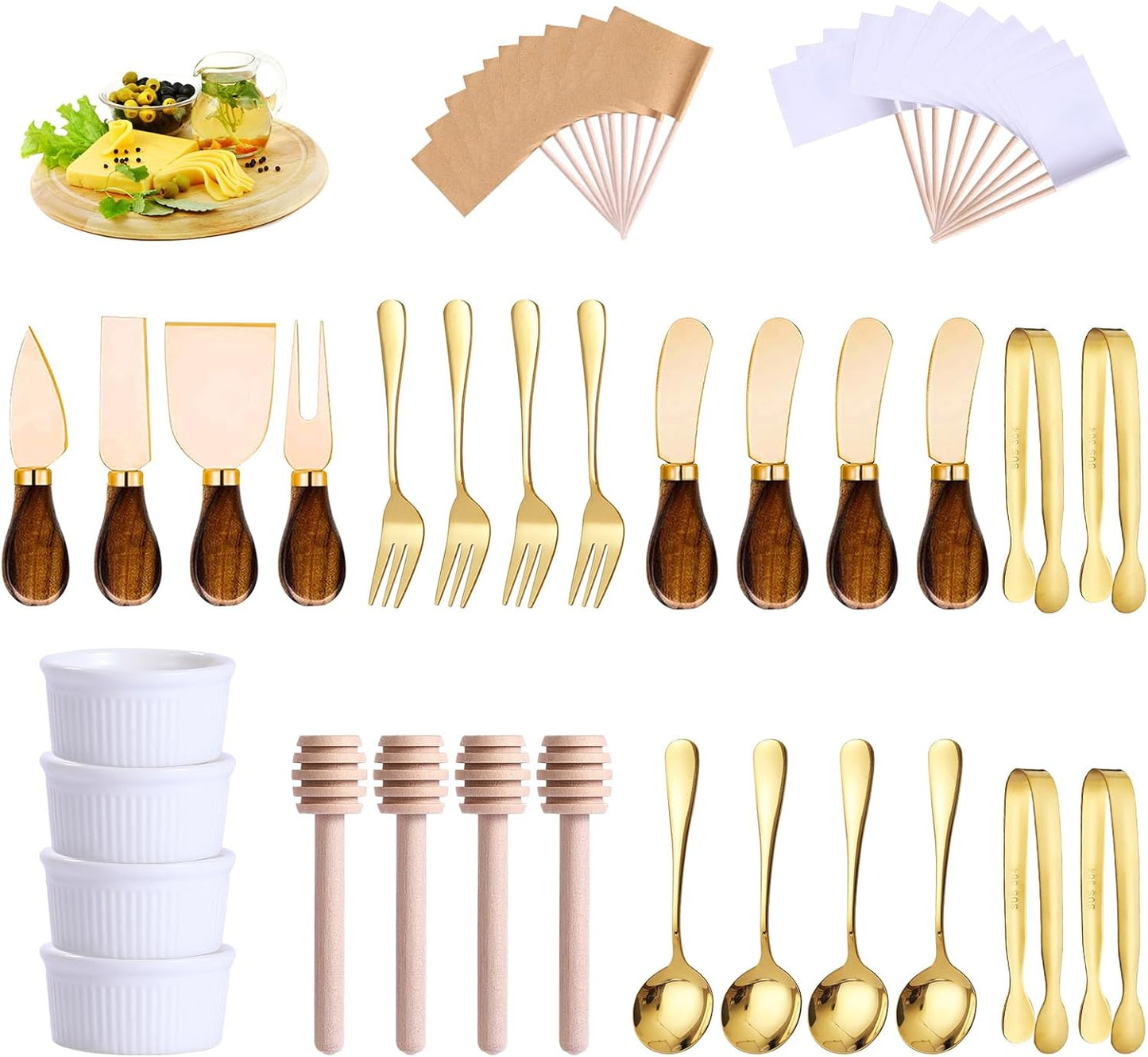 Charcuterie Boards Accessories(29 PCS) Cheese Spreaders for Charcuterie Board Mini Serving Spoon Fork Tongs Blank Toothpick Flags Bowl