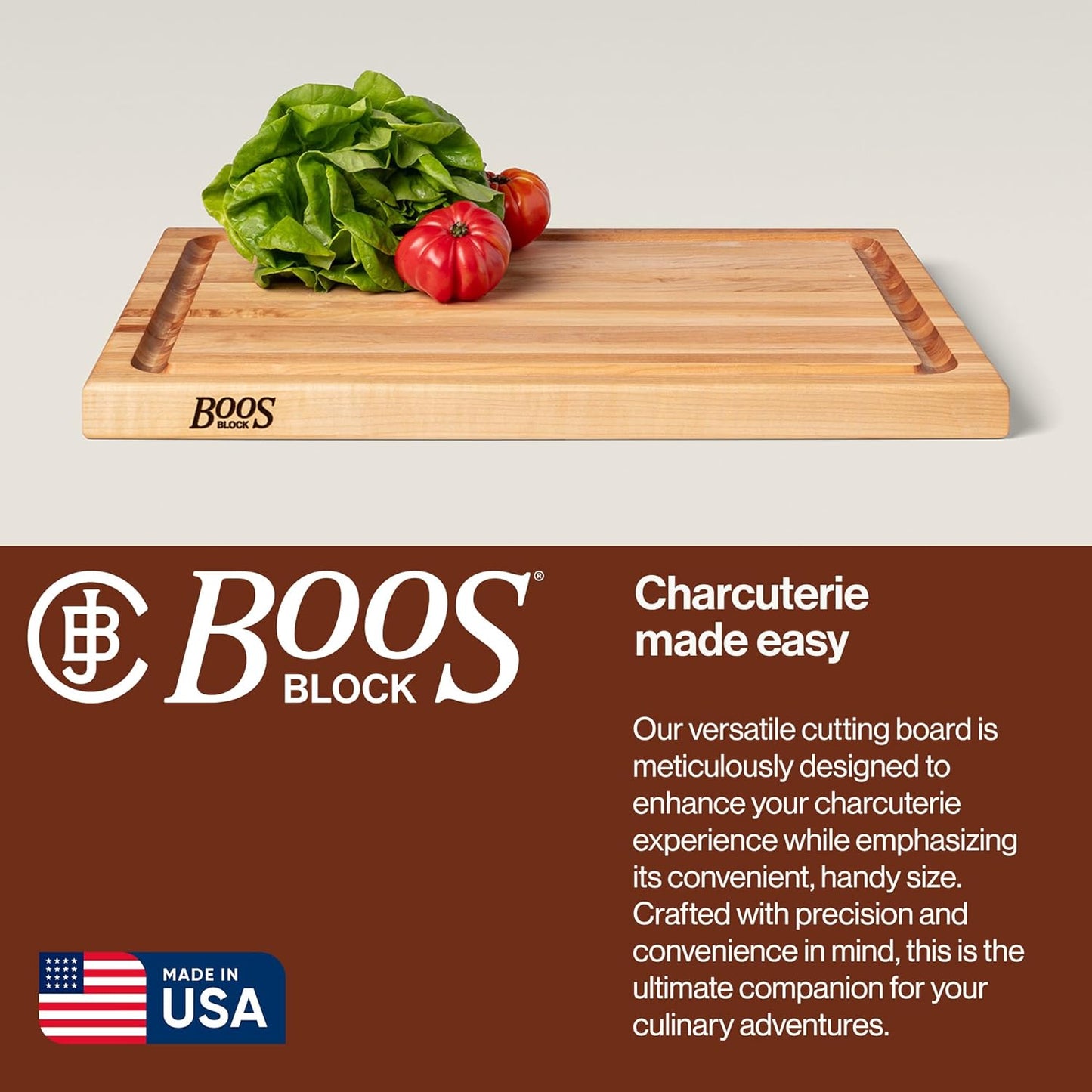 John Boos CB Series Rectangular Wooden Maple Cutting Board 24”x18” – 1.5” Thick, 18-lb Reversible Butcher Block with Juice Groove, Edge-Grain & Finger Grips – Made in the USA